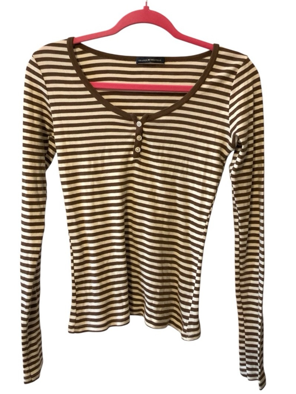 Brandy Melville Brown & Cream Striped Long-Sleeve Henley Top